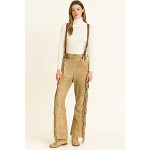 River Crossing Suede Fringe Overalls Western Cowgirl Buckskin Button Front Large